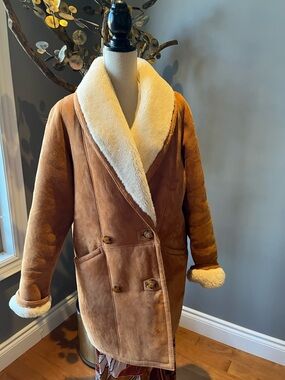 Hyde Society Tan Shearling-Trim Suede Coat - Leather Jacket Sheepskin Rancher